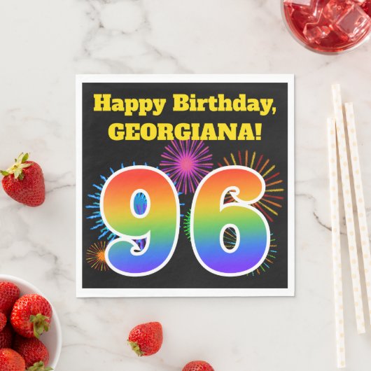 Serviette En Papier Fun Fireworks + Rainbow Motif "96" Anniversaire # (En situation)