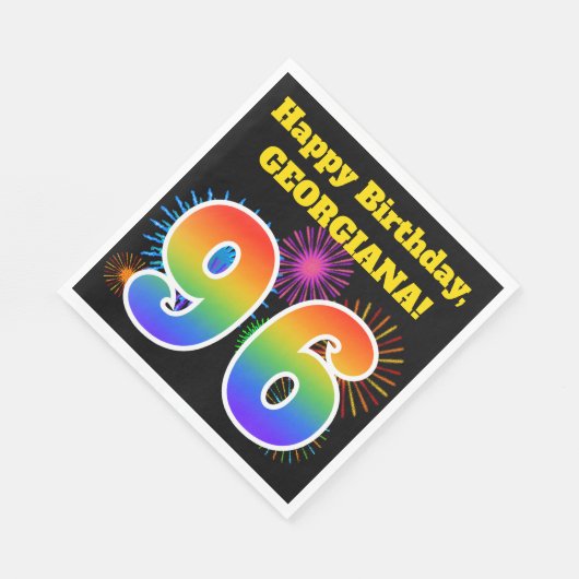Serviette En Papier Fun Fireworks + Rainbow Motif "96" Anniversaire # (Coin)