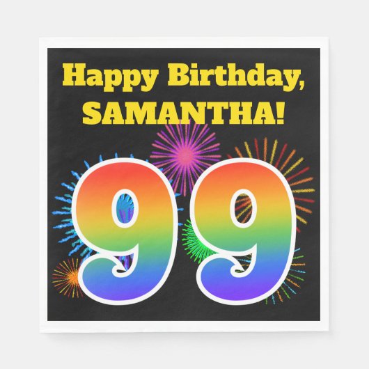 Serviette En Papier Fun Fireworks + Rainbow Motif "99" Anniversaire # (Devant)