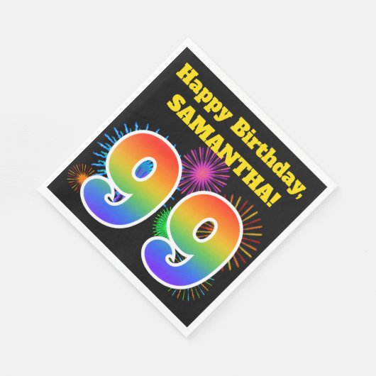 Serviette En Papier Fun Fireworks + Rainbow Motif "99" Anniversaire # (Coin)