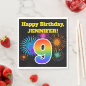 Serviette En Papier Fun Fireworks + Rainbow Motif "9" Anniversaire # (En situation)