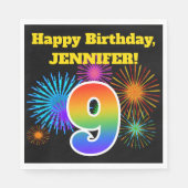 Serviette En Papier Fun Fireworks + Rainbow Motif "9" Anniversaire # (Devant)