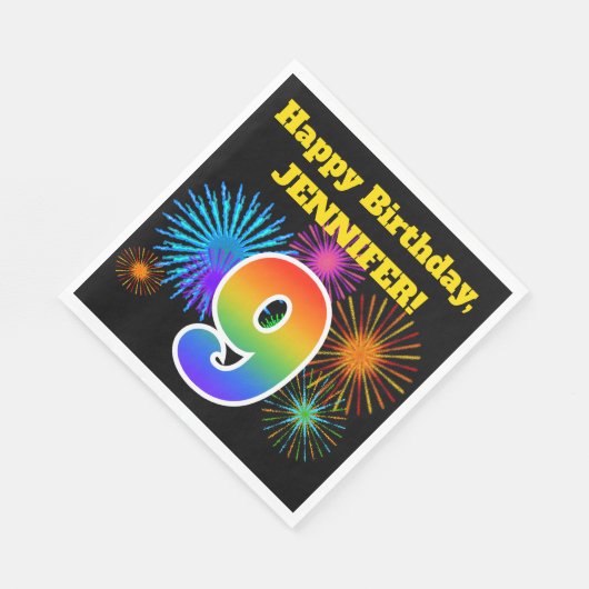 Serviette En Papier Fun Fireworks + Rainbow Motif "9" Anniversaire # (Coin)