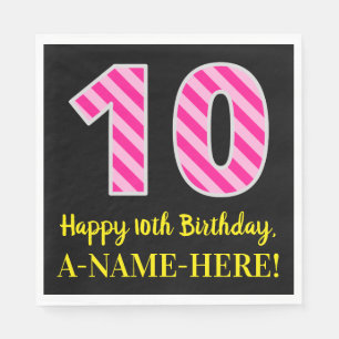 Serviette En Papier Fun Pink Stripes "10"; Joyeux 10e anniversaire; No