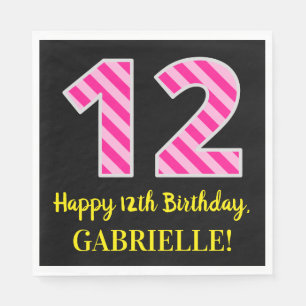 Serviette En Papier Fun Pink Stripes "12"; Joyeux 12e anniversaire; No