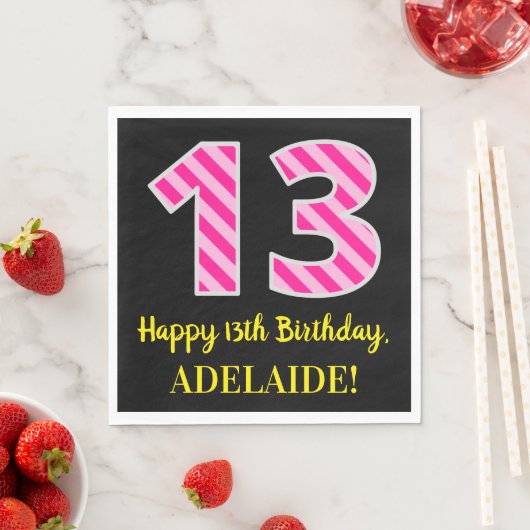 Serviette En Papier Fun Pink Stripes "13"; Joyeux 13e anniversaire; No (En situation)