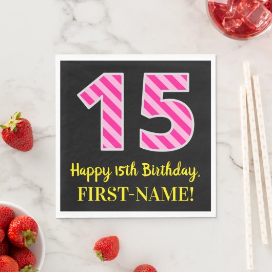 Serviette En Papier Fun Pink Stripes "15"; Joyeux 15e anniversaire; No (En situation)