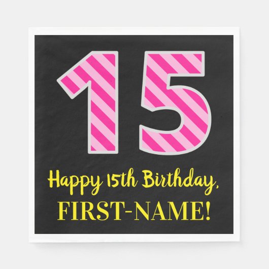 Serviette En Papier Fun Pink Stripes "15"; Joyeux 15e anniversaire; No (Devant)