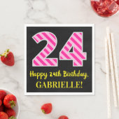 Serviette En Papier Fun Pink Stripes "24"; Joyeux 24e anniversaire; No (En situation)