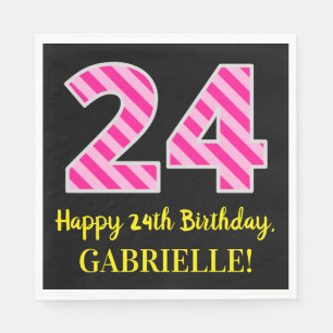 Serviette En Papier Fun Pink Stripes "24"; Joyeux 24e anniversaire; No