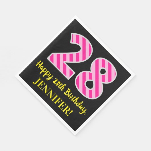 Serviette En Papier Fun Pink Stripes "28"; Joyeux 28e anniversaire; No (Coin)