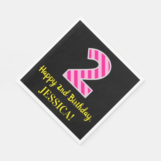 Serviette En Papier Fun Pink Stripes "2"; Joyeux 2e anniversaire; Nom (Coin)