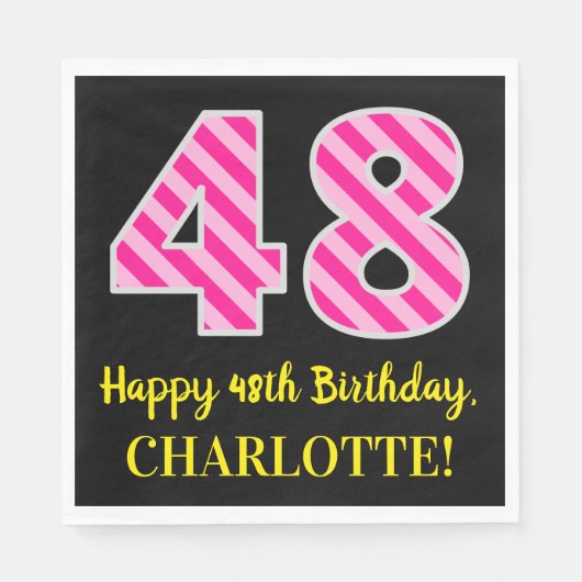 Serviette En Papier Fun Pink Stripes "48"; Joyeux 48ème anniversaire; (Devant)