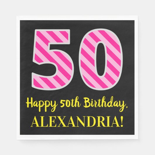 Serviette En Papier Fun Pink Stripes "50"; Joyeux 50e anniversaire; No (Devant)