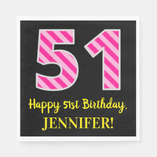 Serviette En Papier Fun Pink Stripes "51"; Joyeux 51e anniversaire; No