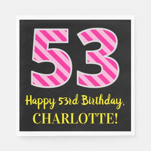 Serviette En Papier Fun Pink Stripes "53"; Joyeux 53ème anniversaire; (Devant)