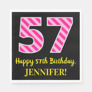 Serviette En Papier Fun Pink Stripes "57"; Joyeux 57ème anniversaire; 
