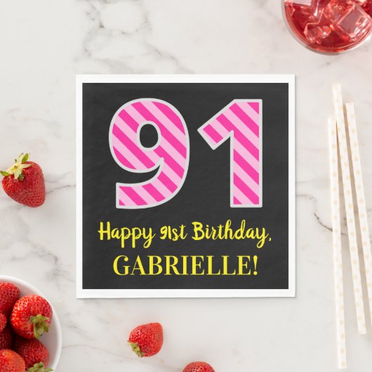 Serviette En Papier Fun Pink Stripes "91"; Joyeux 91ème anniversaire; (En situation)