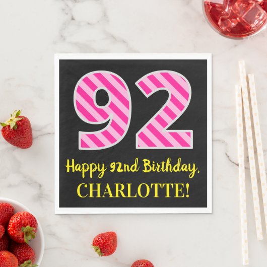 Serviette En Papier Fun Pink Stripes "92"; Joyeux 92e anniversaire; No (En situation)