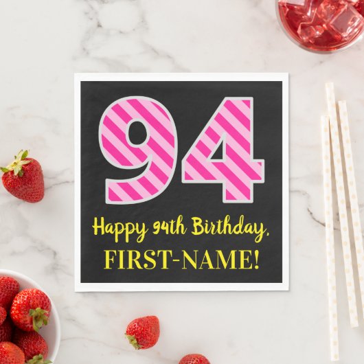 Serviette En Papier Fun Pink Stripes "94"; Joyeux 94ème anniversaire; (En situation)