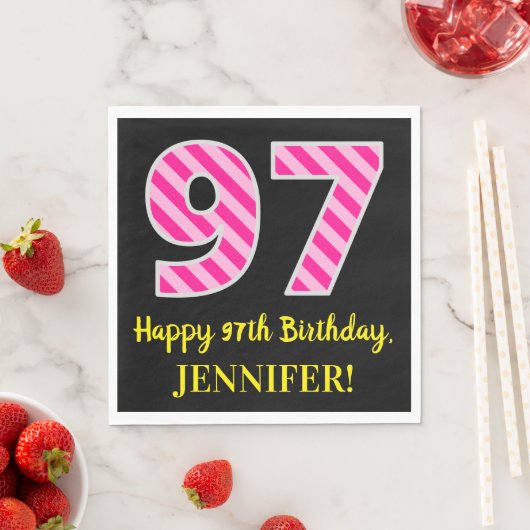Serviette En Papier Fun Pink Stripes "97"; Joyeux 97ème anniversaire;  (En situation)