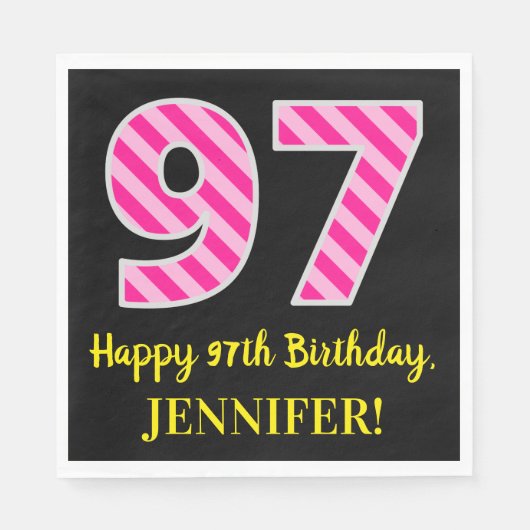 Serviette En Papier Fun Pink Stripes "97"; Joyeux 97ème anniversaire; (Devant)