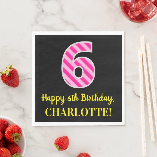 Serviette En Papier Fun Rose Stripes "6"; Joyeux 6e anniversaire; Nom (En situation)
