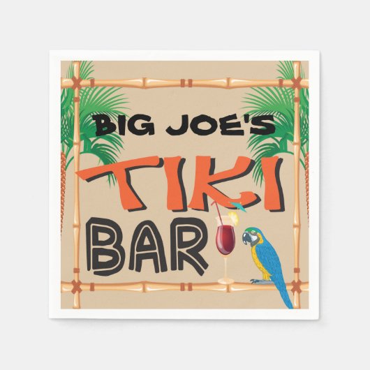 Serviette En Papier Fun Tiki Bar avec nom personnalisé et perroquet (Devant)