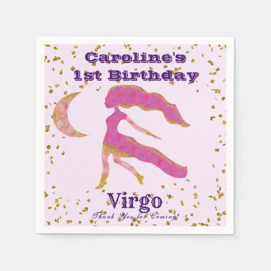 Serviette En Papier Fun Virgo Premier Anniversaire & Gold Confetti (Devant)