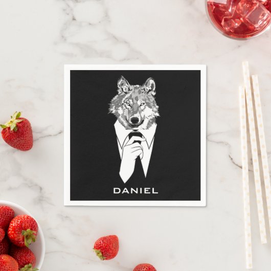 Serviette En Papier Funny Hipster Wolf avec Black Tuxedo Personnalisé (En situation)