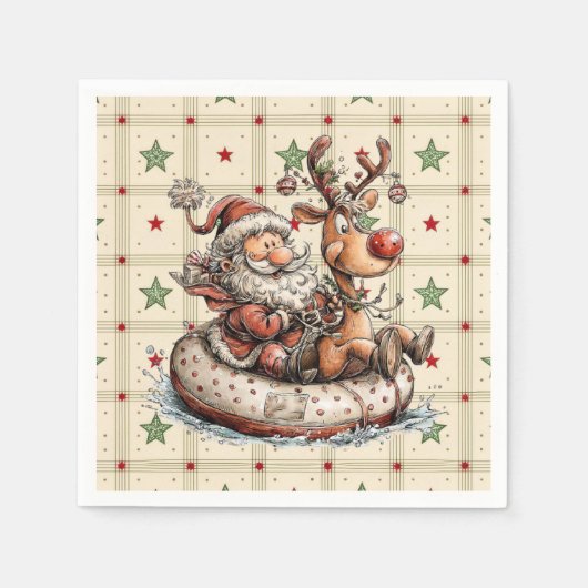 Serviette En Papier Funny Santa and Rudolf On A Water Tube  (Devant)