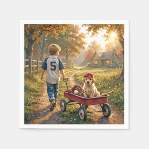 Serviette En Papier Garçon avec wagon rouge et chiot retriever doré