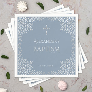 Serviette En Papier Garçon Baptême Poussiéreux Bleu Faux Feuilles Arge
