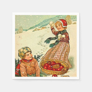 Serviette En Papier Garçon et fille Jouer dans la neige Vintage Noël