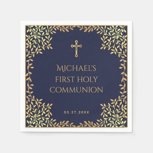 Serviette En Papier Garçon Première Communion Marine Bleu Or Feuilles (Devant)