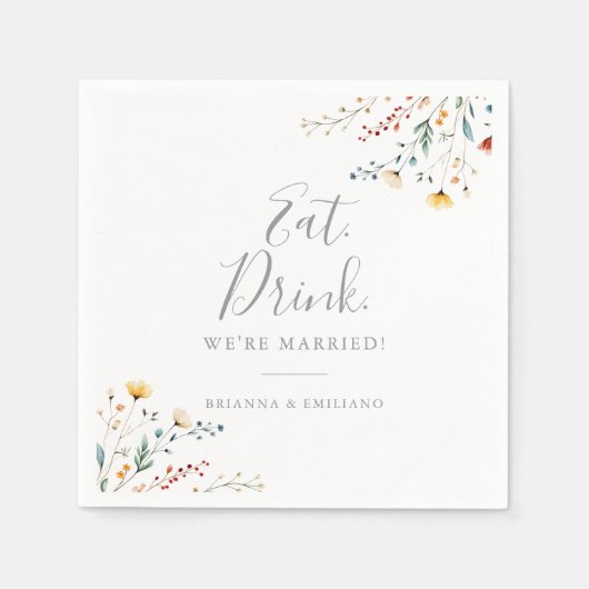 Serviette En Papier Garden Wildflower Eat Drink We're Married Wedding (Devant)