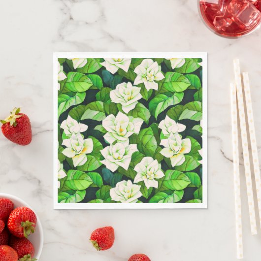 Serviette En Papier Gardenias blanches et Feuilles verts de Jade (En situation)