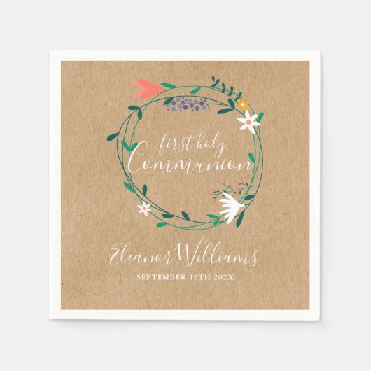 Serviette En Papier Garland floral rustique Première communion sainte (Devant)