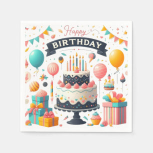 Serviette En Papier Gâteau d'anniversaire joyeux et ballons