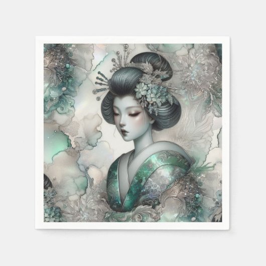 Serviette En Papier Geisha en vert série de conception #2 (Devant)