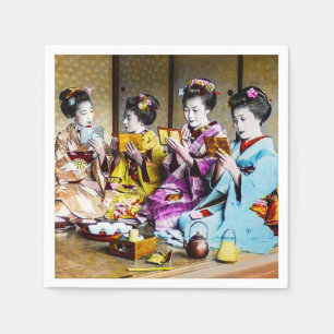 Serviette En Papier Geisha vintage vérifiant leur maquillage au thé