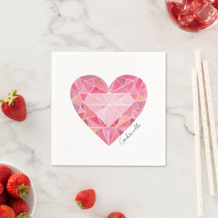 Serviette En Papier Gem Coeur Rose Diamond NOM Aquarelle Glam Bling