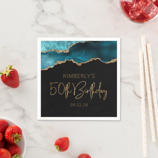 Serviette En Papier Géode Agate Chic Gold Turquoise 50e anniversaire (En situation)