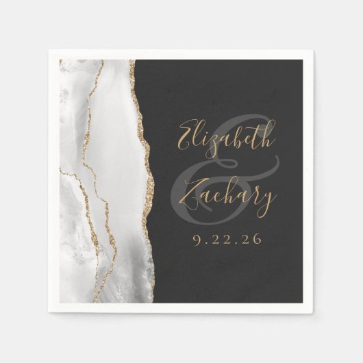 Serviette En Papier Géode Agate Gris Blanc Or Script Mariage foncé (Devant)