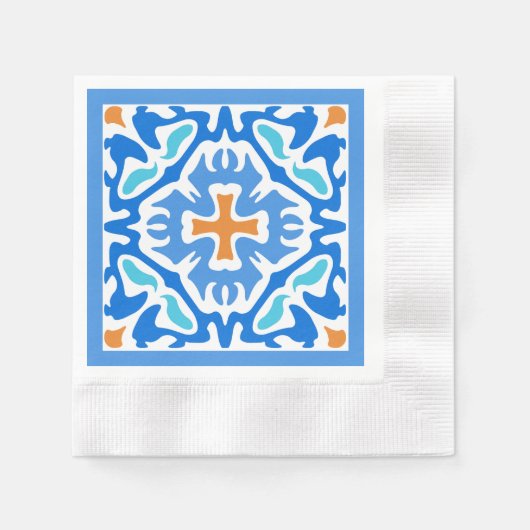 Serviette En Papier Géométrie bleu estival avec accent orange (Devant)