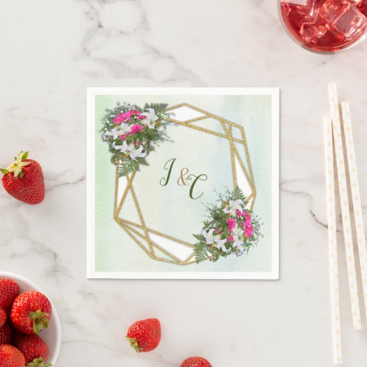 Serviette En Papier Géométrique - Cadre Parties scintillant Or & Bouqu (En situation)