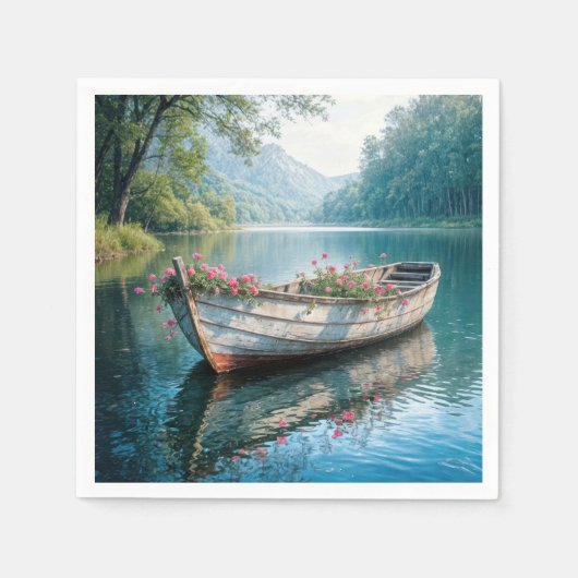 Serviette En Papier Geraniums Roses Dans Un Rowboat Rustique (Devant)