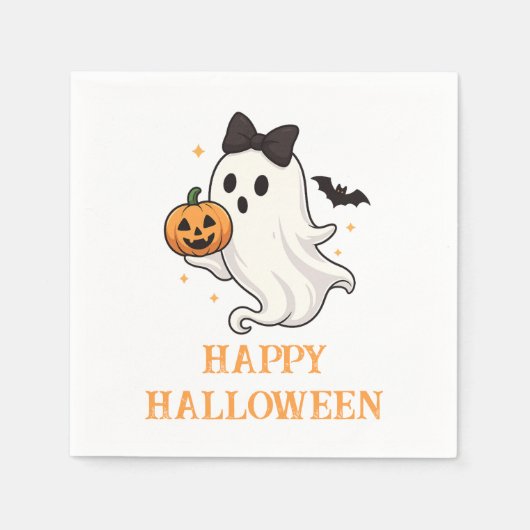 Serviette En Papier Ghost mignon avec Bow et Citrouille | Halloween (Devant)