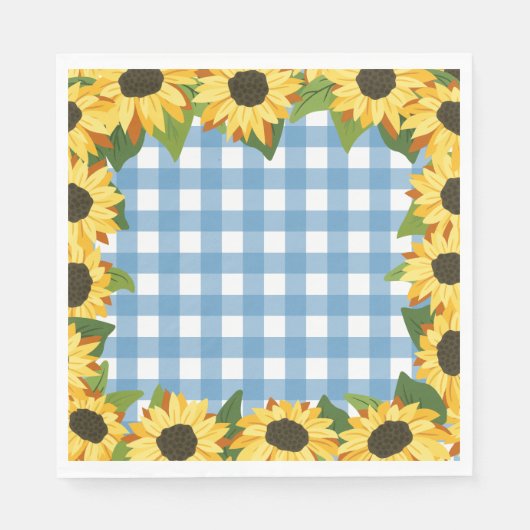 Serviette En Papier Gingham Bleu Rustique & Tournesols (Devant)