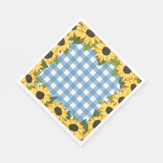 Serviette En Papier Gingham Bleu Rustique & Tournesols (Coin)